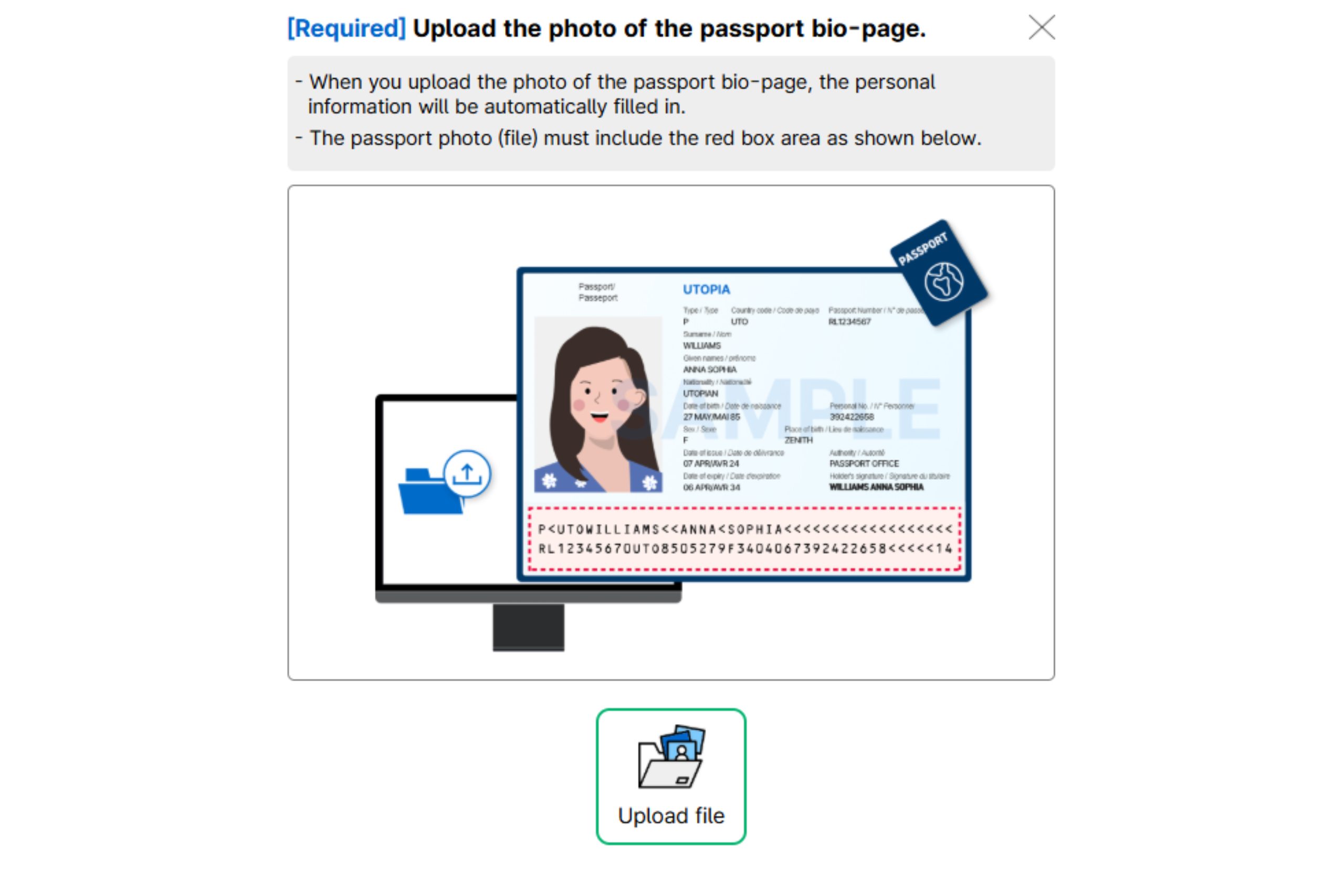 上傳護照檔案。圖片來源:e-arrival card官網