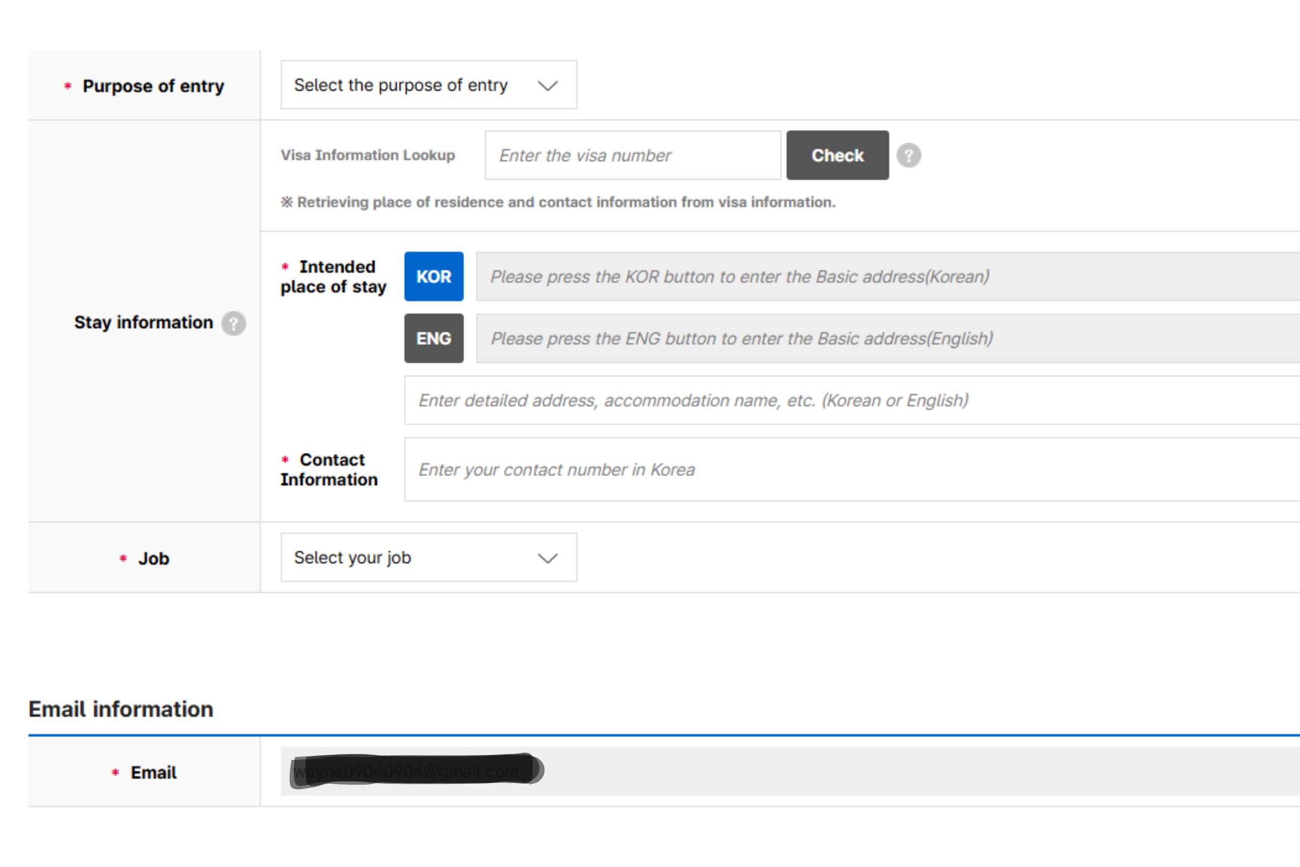 填寫旅遊目的、住宿資訊、職業、電子郵件。圖片來源:e-arrival card官網