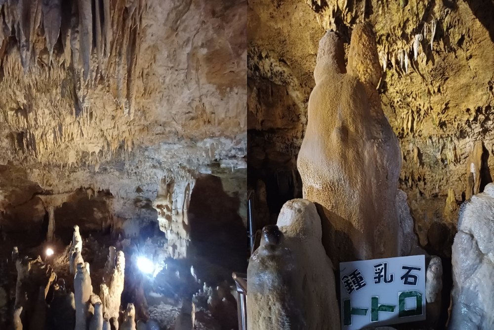 石垣島鐘乳石洞內，一座造型逗趣的「龍貓鍾乳石」。