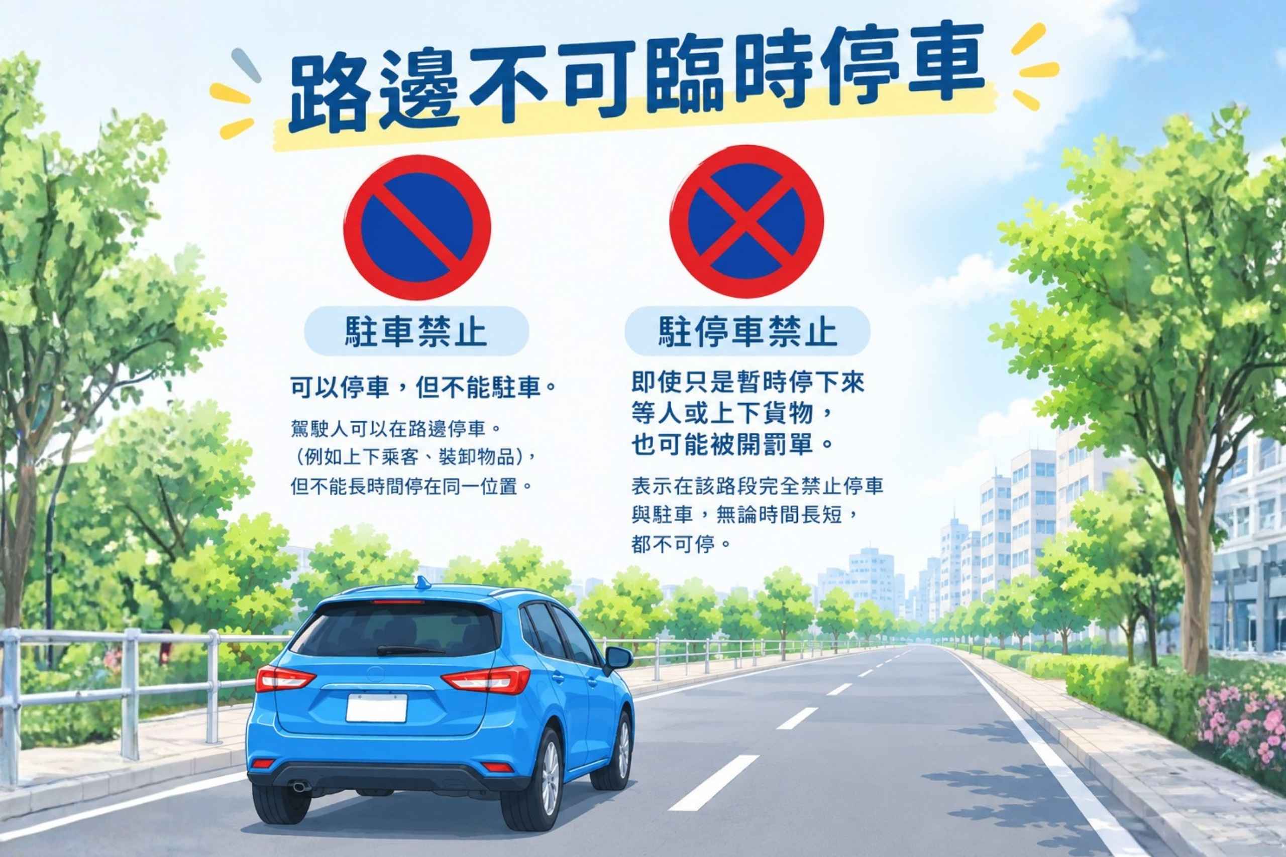 日本自駕時，路邊不可臨時停車，有「駐車禁止」與「駐停車禁止」兩大個號誌，務必遵守交通規則。（圖片來源：五福旅遊）